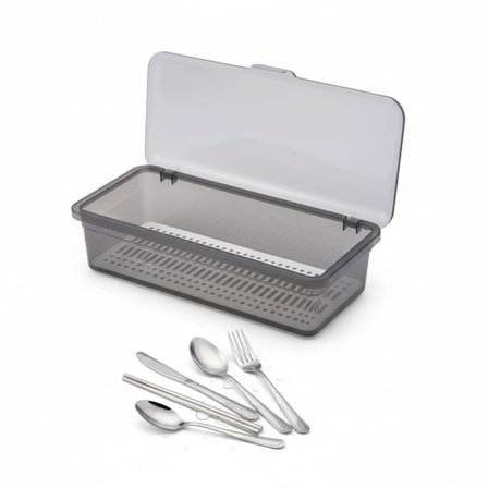Besticklåda Förvaring Plast Ätpinnar Rör Organisatör med Lock Avlopp Redskapslåda för Köksbänk Låda Bord 28x13x8 cm