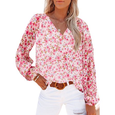 Kvindes Casual Boho Blomsterprint V-hals Langærmet T-shirt Bluser