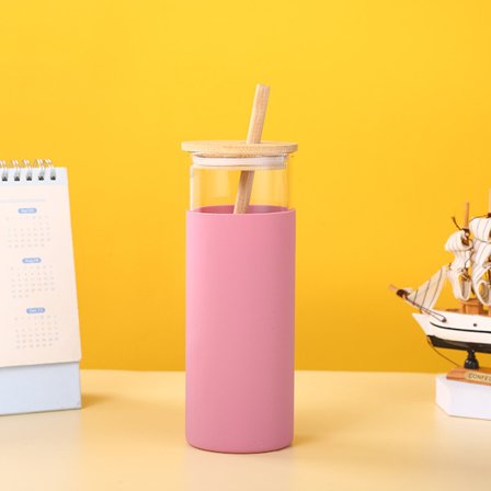 Glas tumlare glas vattenflaska halm silikon skyddshylsa bambu lock - BPA fri (rosa)