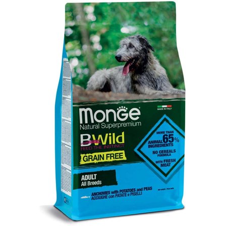 Monge B Wild Grain Free Acciughe Patate Piselli Cibo Secco Per