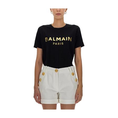 Balmain, Laminated Logo T-Shirt Zwart, Dames, Maat:S