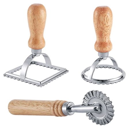 3 stk. Ravioli Stempler & Skæreapparat med Rulle Sæt, Pasta Form med Træhåndtag, Dumplings
