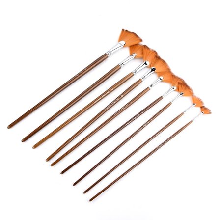 9 stk. Brune nylonhår Aluminiumlegering Rørformet vifteformet tegnebørste Kunstmalerværktøj