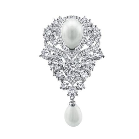 Silver Kubisk Zirkonia Kristall Imitationspärla Hänge Bröllop Brud Bröstnålsnål Mode