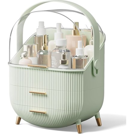 Meikkisäilytysjärjestäjä, suuri kosmetiikan säilytyskotelo 2-kerroksisella säilytyslaatikolla ja läpinäkyvällä kannella, meikkipöytä (vihreä)