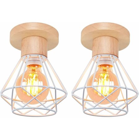 2 stk Industriell Taklampe Flush Mount Pendellampe Metall Tre Hengelampe for Gang Soverom Trappe Hvit