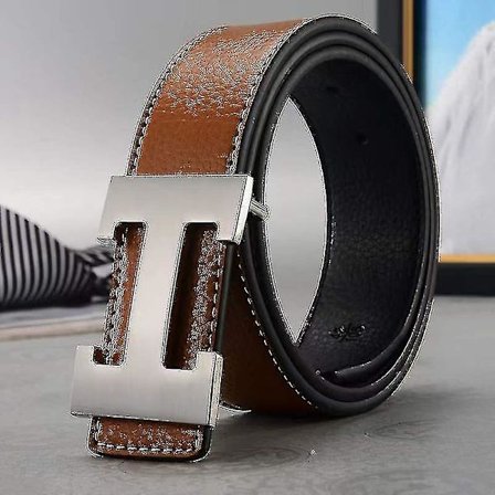 Ny Stil Business Fritid Ægte Pu Læder H Glat Spænde Litchi Korn Bælte Til Mænd V (FMY)