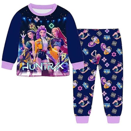 K-Pop Demon Hunters Børne Langærmet Pyjamassæt, Sødt Tegneserieprint Børne Loungewear til Søvn og Afslappet Brug