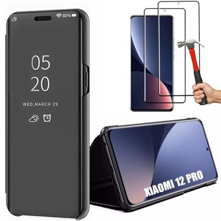 Svart fodral för Xiaomi 12 Pro + 2 härdade glasögon. Spegeleffektfodral Anti-skrapskydd
