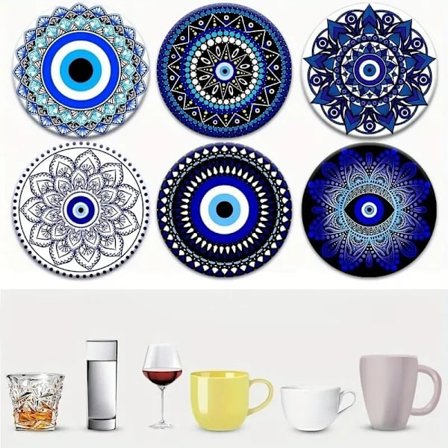 Pahansilmän lasinaluset, 6 kpl, perhos- ja mandala-kuvioilla, kahvikuppeihin, halkaisija 10 cm