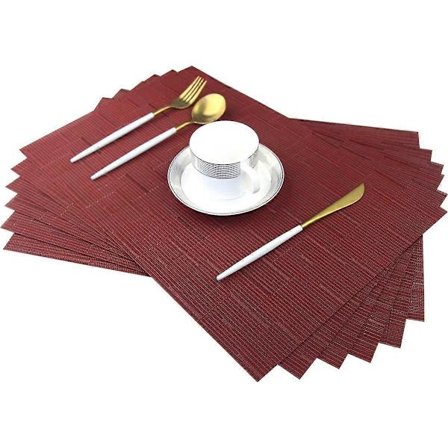 Bordskånere med 6 Røde Bambusunderlag til Spisebord, Plastik, Let at Rengøre, Varmebestandige, Vævede Vinylunderlag, Skridsikre