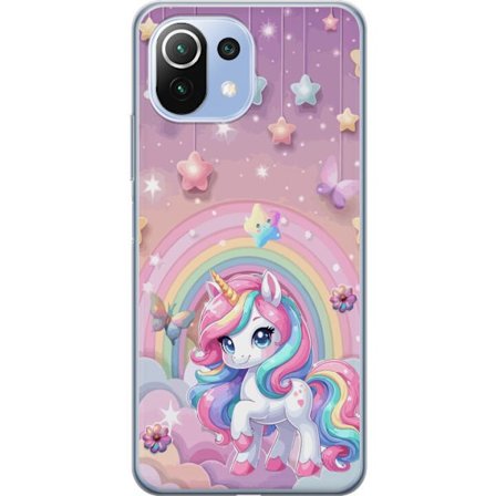 Kompatibel Mobilcover til Xiaomi Mi 11 Lite Magisk enhjørning med regnbue manke, stjerner og sommerfugle mod en pastelfarvet himmel med skyer