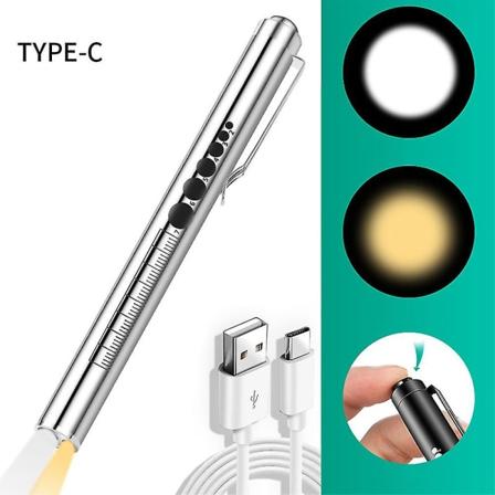 USB-ladattava lääketieteellinen kynävalo pupillimittarilla, LED-lämpimällä/valkoisella valolla, kynävalot sairaanhoitajille ja lääkäreille Silver