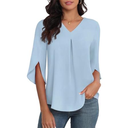 LASI Dam Sommar Chiffon Blusar 3/4 Ärm V-Ringning Casual Lös Arbete Toppar för Leggings 2024 Flytande Dressy T-shirts Ljusblå Liten