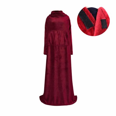 Ekstra Stor Bærbar Fleece Plaid med Ærmer og Lomme, Justerbar Velcrolukning 150x180cm