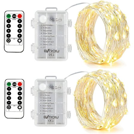 2 x 50 LED-batteridrevne lyskæder, 5 meter mikro sølvkabel 3AA vandtæt batteridrift med 8 program fjernbetjening varm hvid
