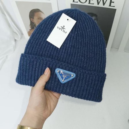 Varm Vinterstrikket Hue Efterår og Vinter Hue Inverteret Trekant Modevaremærke Casual Ørevarmer Unisex Mørkeblå Dark Blue