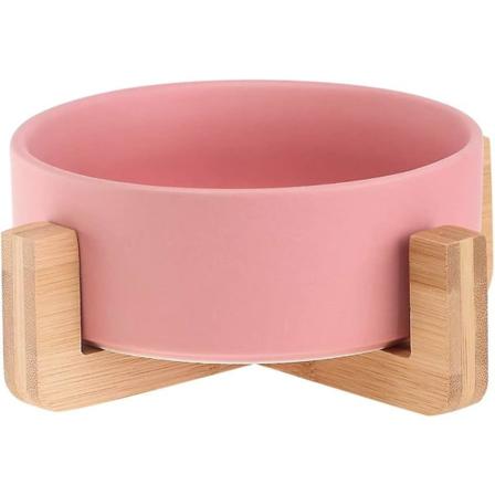 Rosa Keramisk Katt- og Hundebolle med Trestand - Spillsikkert Mat- og Vannfat for Katter og Små Hunder Pink