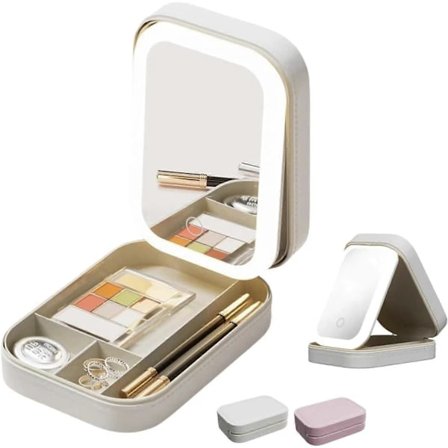 Sminketaske med spejl, rejse-makeuporganisator med LED-spejl, bærbar kosmetiktaske med 3 farver justerbar lysstyrke, hvid