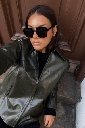 NA-KD Zip Detailed Faux Leather Jacket - Jakker i læderimitation - Grøn - EU 34