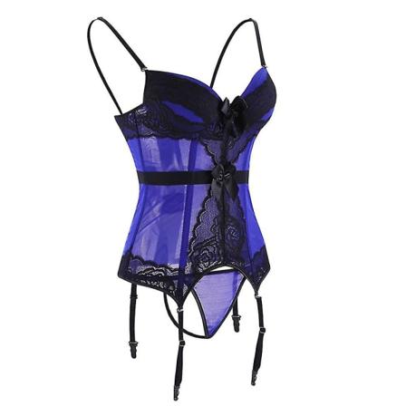 Sexiga Kvinnor Vanlig Spets Mesh Court Korsett Med Strumpeband Bälten String Blue L