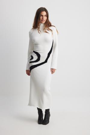 Felicia Wedin x NA-KD Knitted Contrast Detail Midi Dress - Efterårskjoler - Hvid - XX-Small/X-Small