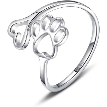 Valphundälskare Paw Print Ring Hjärta 925 Sterling Silver Justerbar Ring Husdjur Djur Smycken Kreativ Pierced Love Hund Katt Klo Ring Husdjursälskande