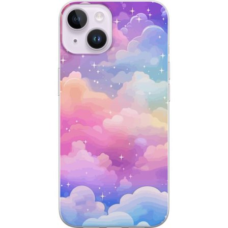 Kompatibelt Mobildeksel til Apple iPhone 14 Plus Søt enhjørning med regnbuefarget hår mot en stjernebelagt pastellbakgrunn i kawaii-stil