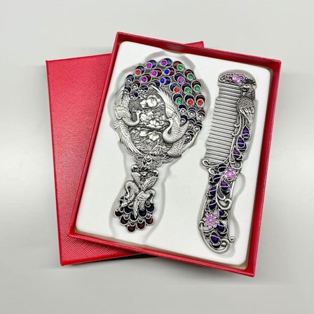 Vintage Stil Peacock Spejl og Børste Sæt, Prydet Metal Design