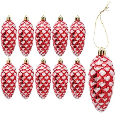 10 kpl Suuria Punaisia Glitter Joulupalloja - Käpy Joulukuusi - Ripustettava - Joulukuusen Koriste (Punainen-A)