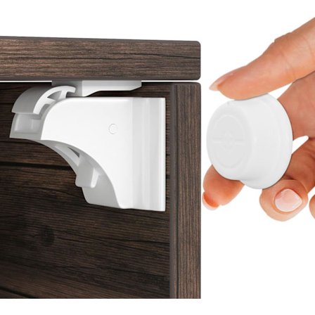 Usynligt magnetisk børnesikringslås – 12 låse & 3 nøgler – Beskyttelse til skabe, døre & skuffer – Ingen boring nødvendig – Hvid