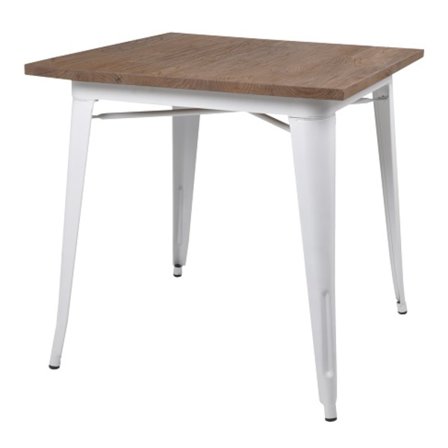 Matsalsbord plåt matt vit med toppskiva i alm 75 x 75