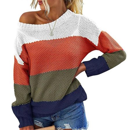 Naisten neulepusero, pitkähihainen, avoin olkapää, pyöreä pääntie, neule, kotiin ja toimistoon