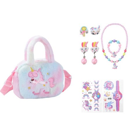 Enhjørning taske med skulderrem, pigesmykker, pige enhjørning taske, børns perlesmykkesæt, plys enhjørning taske, legetøj, enhjørning