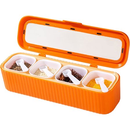 Maustelaatikkosetti, 4-osainen maustepurkkisarja, maustelaatikko, jossa kannet ja lusikka, suola-sokerisäilytysastia (oranssi)