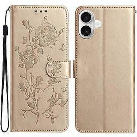 Kompatibel med iPhone 17 Wallet Case Rose Mønster Præget Læder Flip Stand Telefon Cover med Rem (Guld)