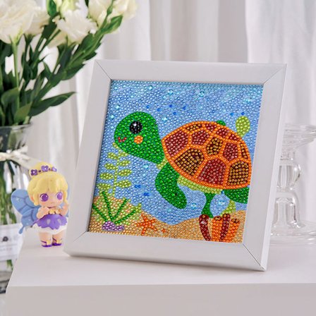 Liten och enkel DIY 5d diamantmålning mosaiktillverkningssatser med vit ram för barn - Liten sköldpadda