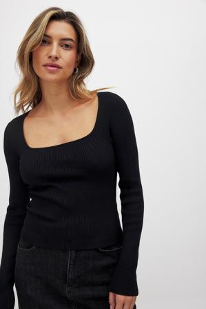 NA-KD Ribbed Knitted Square Neck Top - Långärmade t-shirts - Svart - XS (EU 32)