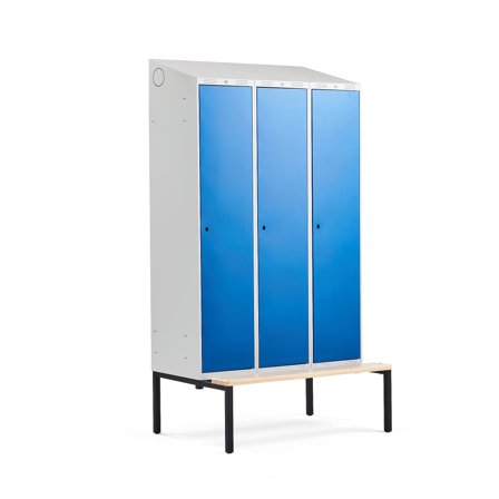 Kleiderspind CLASSIC mit Sitzbank, 3 Module, 2290 x 1200 x 550 mm, blau