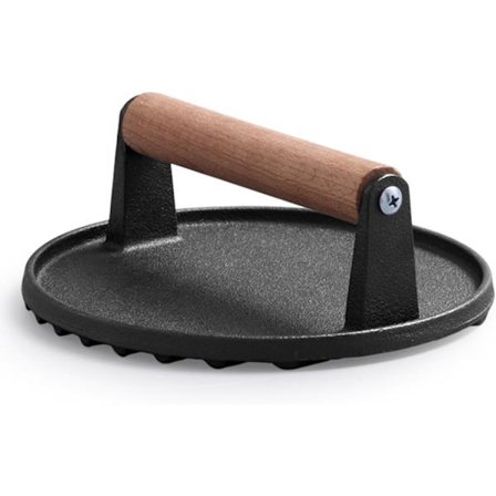 Rund hamburgerpresse i støpejern med trehåndtak for stekepanner med flat topp, smørbrød