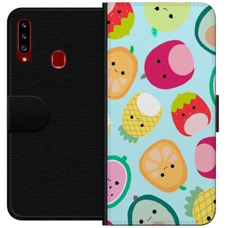 Kompatibelt Lommeboketui til Samsung Galaxy A20s Mønster av kawaii-frukter som jordbær sitron ananas og avocado på lyseblå bakgrunn