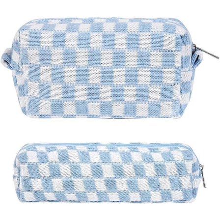2-pak Bærbart ternet penalhus Skrivemateriale Organizer Rejse Toilet taske Makeup børste Opbevaringspose til skolepiger Drenge Blå