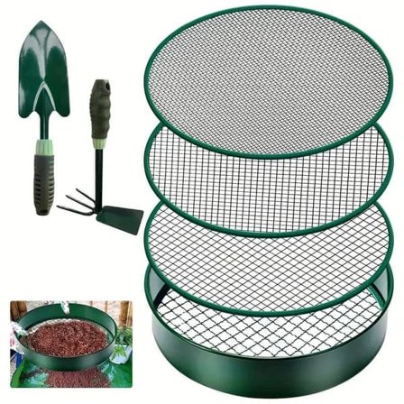 Jordsigte sæt i rustfrit stål med 4 udskiftelige sigter og spade - Finsigtet havesigte til sand, sten, jord og kompost