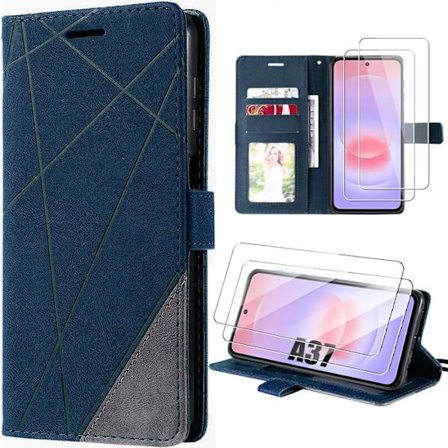 Cover til Samsung Galaxy A37 5G, Beskyttelse med Læderlook Anti-Ridser Mørkeblå - 2 Tempered Glass
