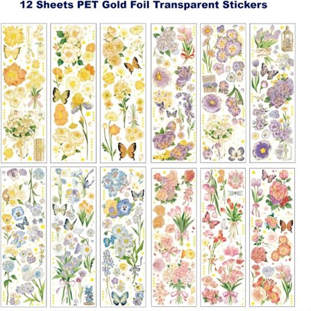 24 ark holografiske klistremerker, transparente klistremerker, blomst