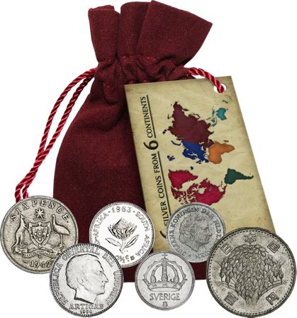 6 sølvmønter fra 6 kontinenter i velourpose