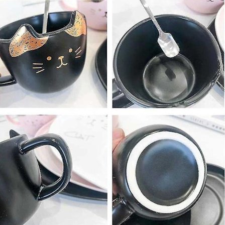 Katte Keramik Kaffe Kop Sæt Med Underkop Låg Ske Mælkekop
