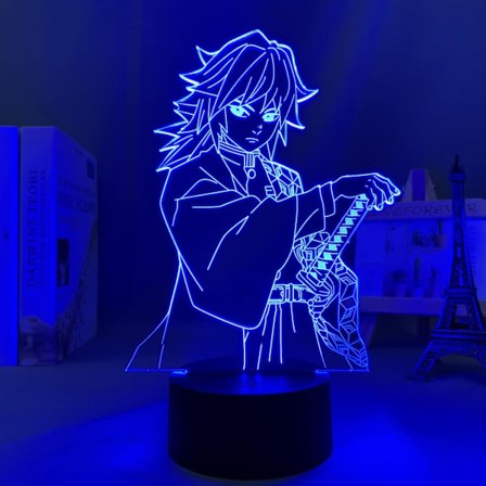 Led-valo Anime Demon Slayer Giyu Tomioka lapsen makuuhuoneen sisustukseen, syntymäpäivälahja, Manga 3D yövalo Kimetsu No Yaiba