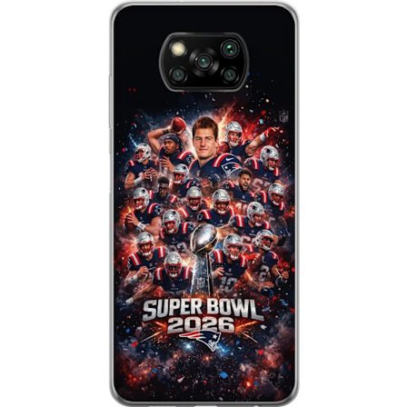 Yhteensopiva Puhelinkuori Xiaomi Poco X3 NFC Super Bowl 2026 juliste, jossa New England Patriots ja NFL-mestaruuspalkinto räjähtävän urheilullisessa s