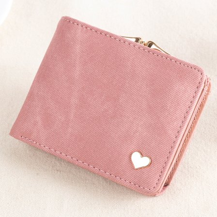 A small pink wallet with heart-shaped ornament, 9.5 cm × 11.5 cm ×